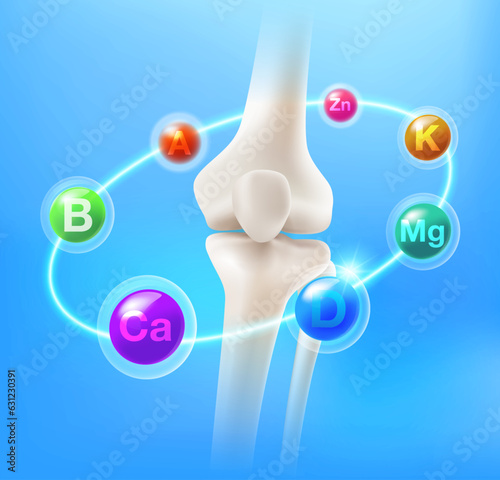 Multivitamin that helps nourish the body and bones, knee joints, legs, oval vitamins, minerals, calcium, magnesium, zinc, vitamin D, B, A, food supplement ad Medical concept. Realistic 3d vector file.