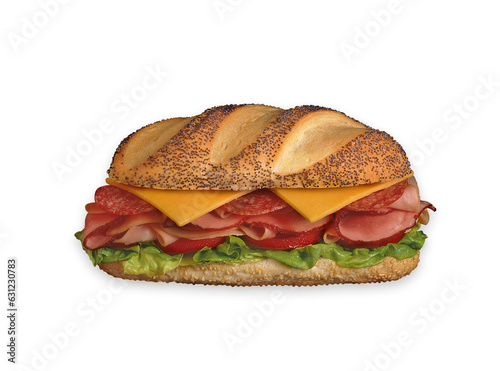 Baguette with salami, ham, lettuce, tomatoes and cheese. Buns with poppy seeds and sesame. Isolated image on a white and green background. Without people.