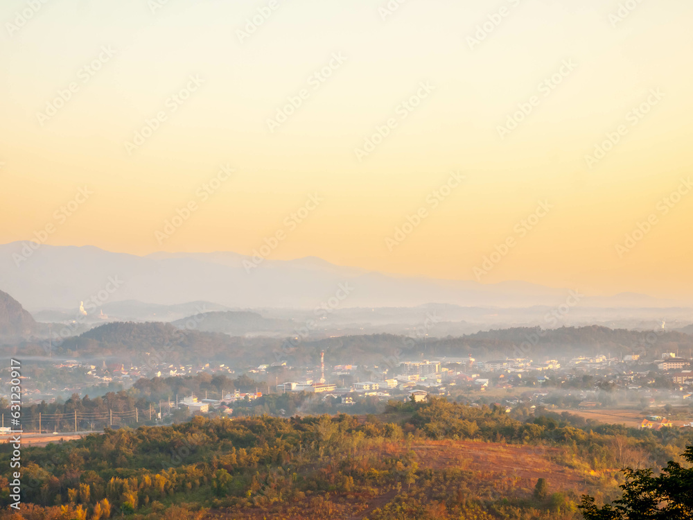 Natural viewpoint, mountains, hills, forests and river under morning mist in Chiangrai, Thailand