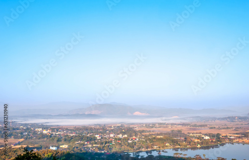 Natural viewpoint, mountains, hills, forests and river under morning mist in Chiangrai, Thailand