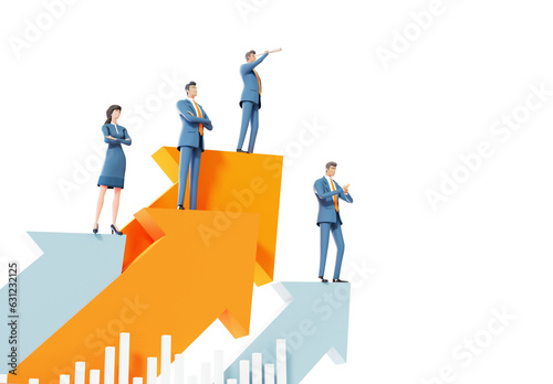 Successful business team stay on the top of big arrow. 3D rendering illustration