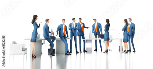 Successful team of business people working together in office, collaborating on a project, talking and sharing ideas. 3D rendering illustration