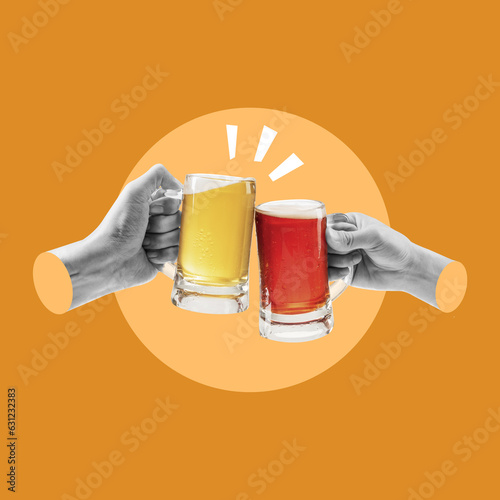 toasting, cheers, two beers colliding, hand with beer, toasting with beer, two men drinking beer, celebrating, alcoholic drink, concept, collage art, collage photo