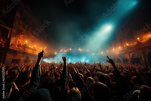 A crowd of people at a live event, concert or party holding hands and smartphones up. 