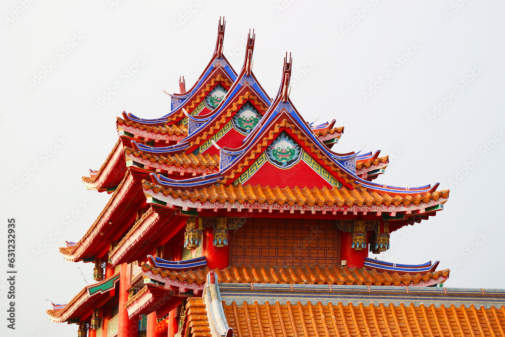 Details of Fantastic Colorful Ornate Roofs of a Chinese Buddhist Temple