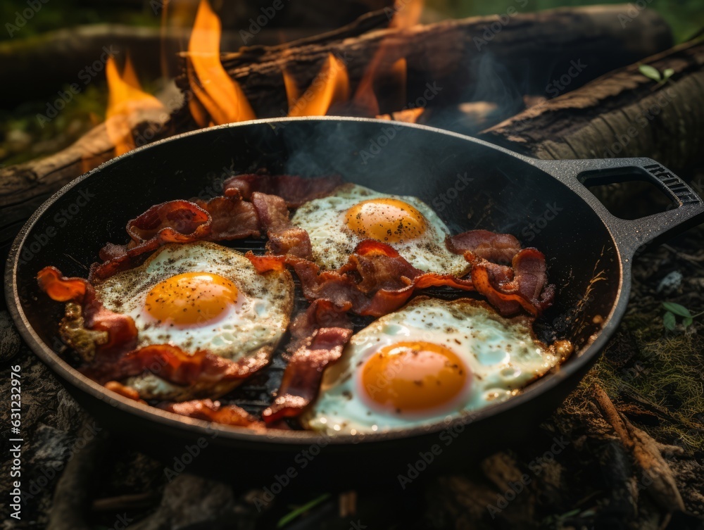In the forest, a camping breakfast sizzles in a cast iron skillet: fried eggs with bacon over an open fire, creating a delightful meal in the wilderness In the forest, a camping breakfast sizzles in a cast iron skillet: fried eggs with bacon over an open fire, creating a delightful meal in the wilderness