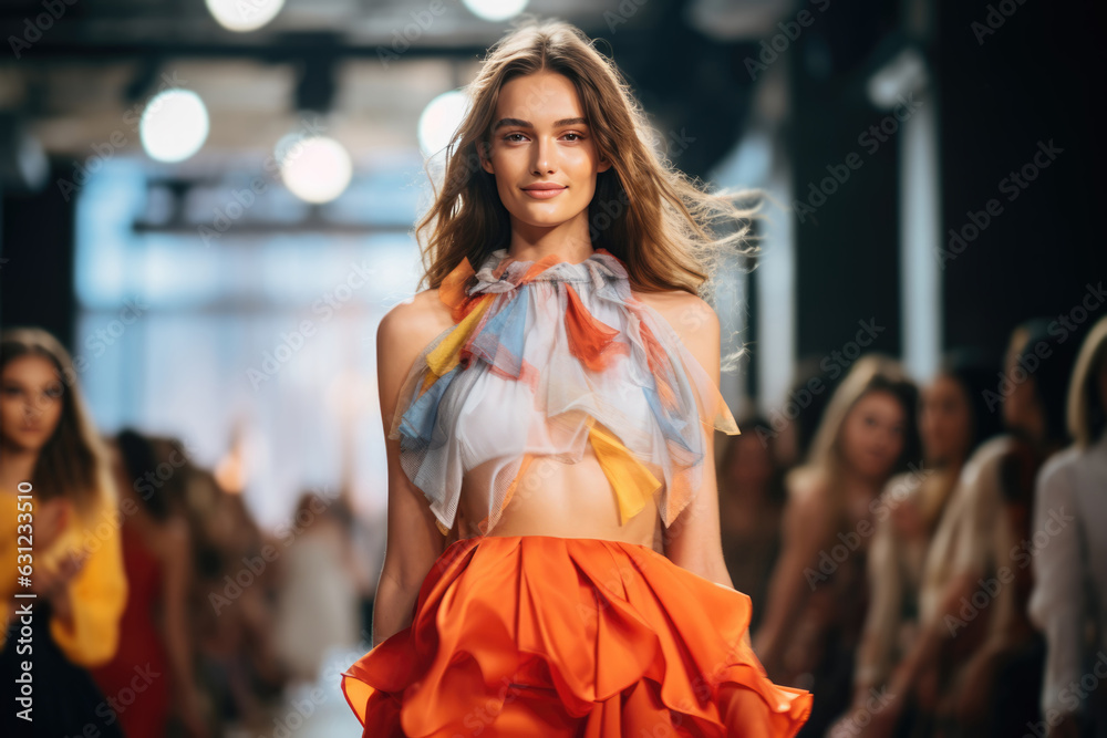 Playful Portrait Of Models Engaging In Fun And Lighthearted Interactions On The Catwalk Playful Portrait Of Models Engaging In Fun And Lighthearted Interactions On The Catwalk