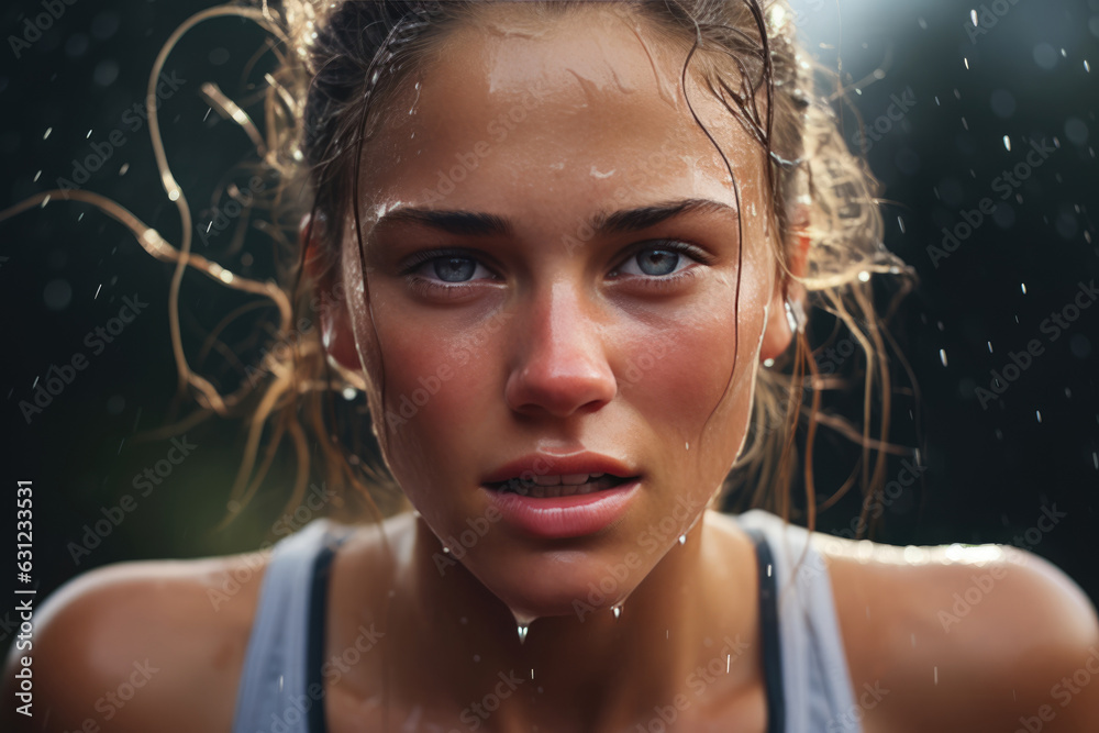 Portrait Of Female Athlete With Drops Of Sweat On Her Face