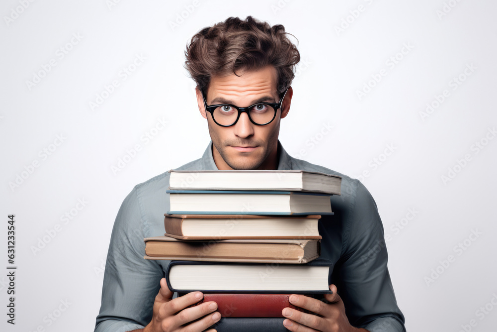 Modern Model Man Holding Books Closeup On White Background Modern Model Man Holding Books Closeup On White Background