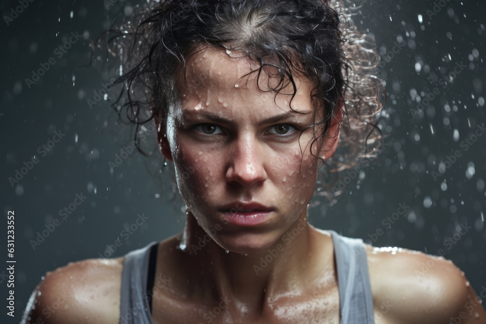 Woman With Wet Hair Standing In The Rain