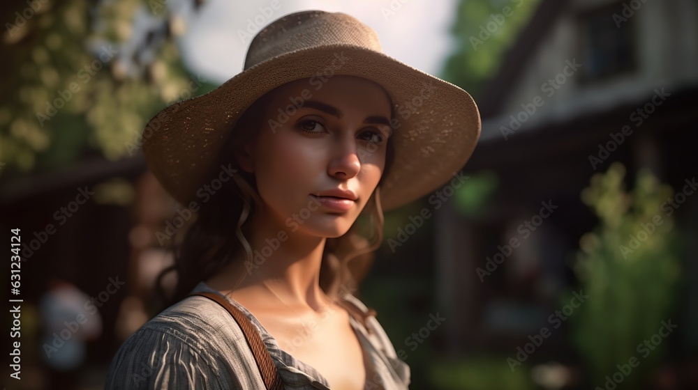 Beautiful young woman wearing hat, cottage rural background. Outdoor background.