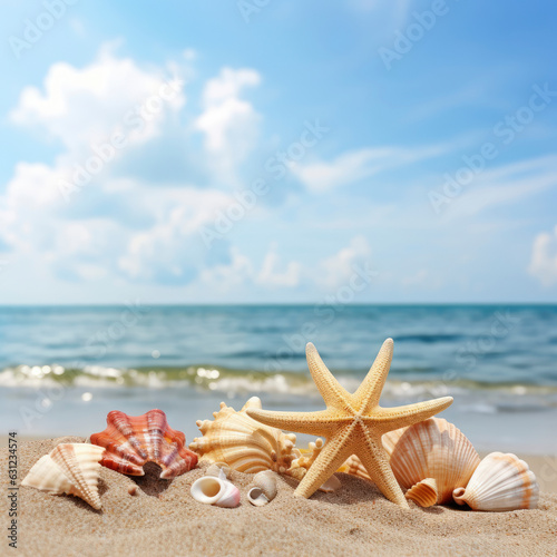 A starfish and seashells on a sandy beach