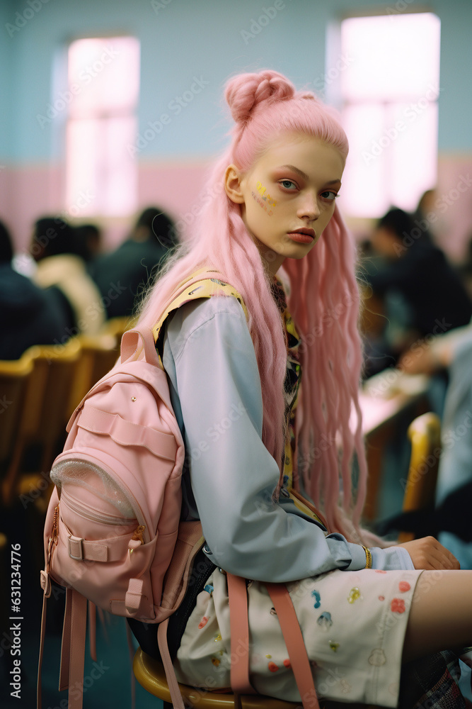 A beautiful girl with pink hair, a backpack, and fashionable clothing smiles happily as she stands in an indoor setting, new school year september concept A beautiful girl with pink hair, a backpack, and fashionable clothing smiles happily as she stands in an indoor setting, new school year september concept