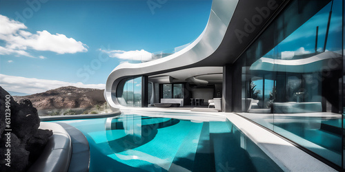 Big swimming pool at the terrace of sleek and modern house with open space. © skumer