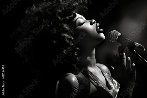 Woman Singing Into Microphone In Black And White Photo photo