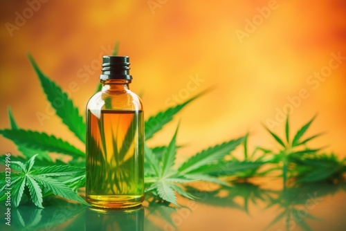 A bottle of cannabis oil next to some leaves.