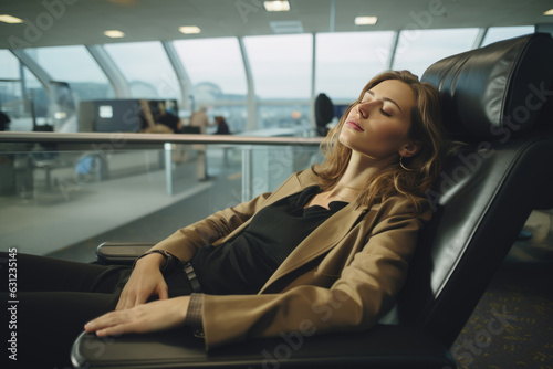 Woman Lies On Chairs At The Airport Jetlag photo