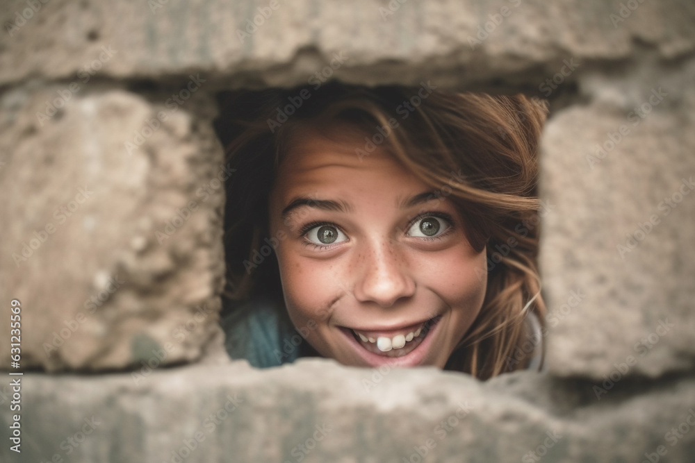funny and smiling girl peeks out from behind a wall, her mischievous expression bringing joy and