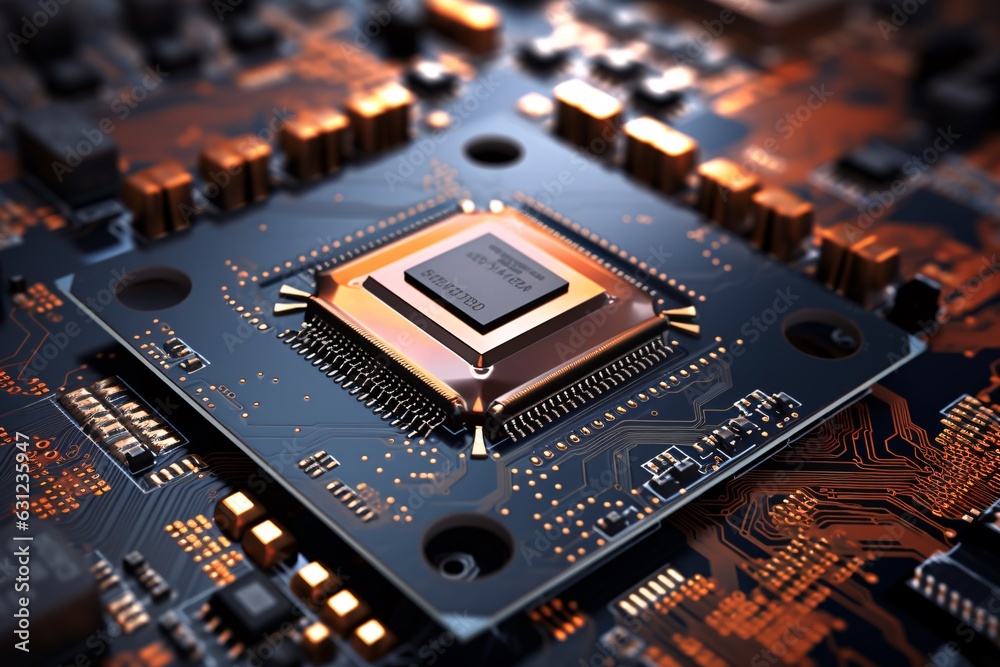 close-up photograph of a powerful CPU chip mounted on a motherboard, with a focus on the array of tiny transistors and circuitry close-up photograph of a powerful CPU chip mounted on a motherboard, with a focus on the array of tiny transistors and circuitry