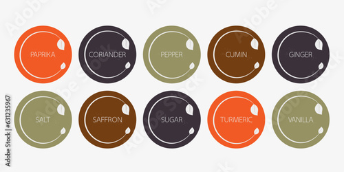 Colorful spice organizer sticker set. Vector food labels for spices. Labels for marking. Stickers for spices on a dark background. Vector illustration