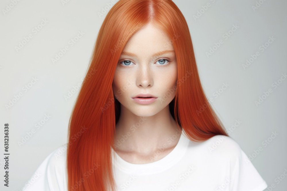 Woman With Long Red Hair Wearing White T - Shirt Woman With Long Red Hair Wearing White T - Shirt