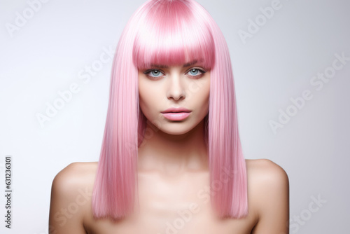 Woman With Pink Short Straight Long Hair On White Background