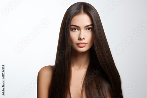 Woman With Brunette Straight Long Hair On White Background photo