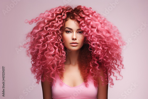 Woman With Pink Curly Long Hair On White Background