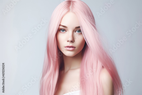 Woman With Pink Straight Long Hair On White Background