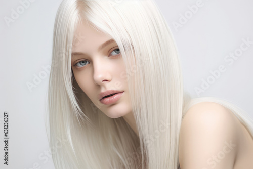 Woman With White Short Straight Long Hair On White Background