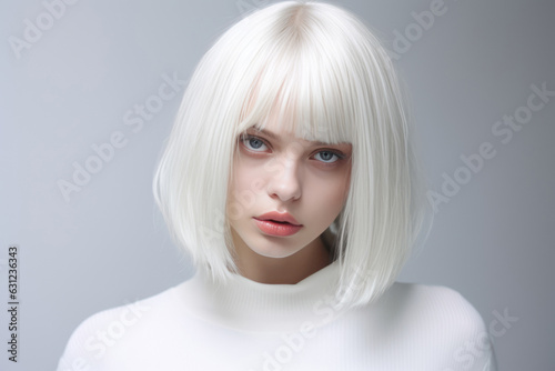 Woman With White Short Straight Long Hair On White Background
