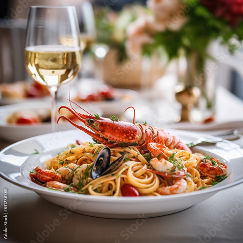 Italian Traditional seafood spaghetti. Seafood pasta made from spaghetti with mixed seafood,olive oil,garlics,white wine,cherry tomatoes,parsley and peppers on white plate with a glass of wine