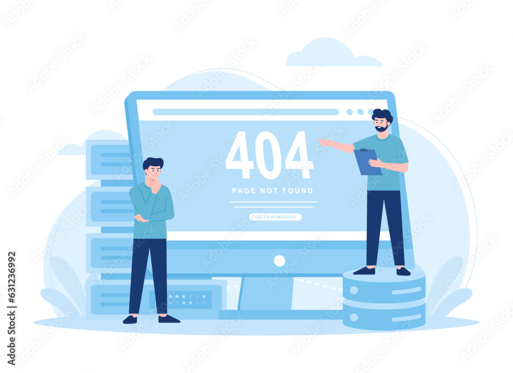 People are looking for data storage errors, 404 error concept flat illustration People are looking for data storage errors, 404 error concept flat illustration