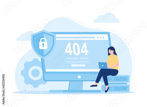 Worker are looking for data storage errors, 404 error concept flat illustration