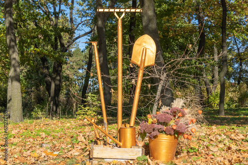 Still life of garden tool in autumn park. Golden hoe, rake, shovel, watering can and bucket with dry flowers. Wooden box with gardening equipment. Autumn work and hobby with countryside. Rural scene.