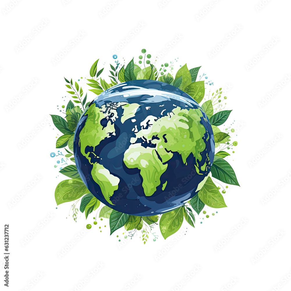 Invest in protecting the planet. Earth day theme. Ecology concept. Design with world map illustration and foliage. transparent backround.