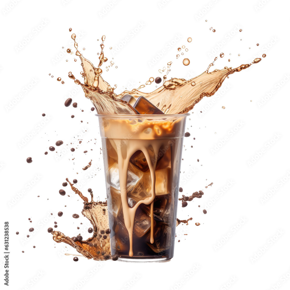 Milk tea with ice cubes is pouring down in shapes. Coffee with ice