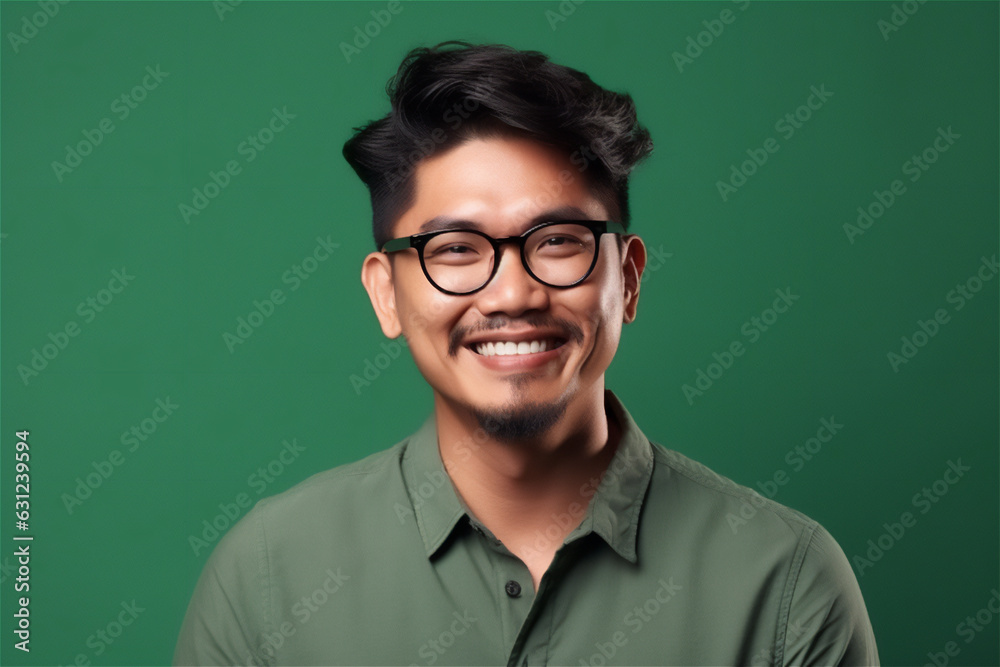 Asian young adult man smiling on a green background Asian young adult man smiling on a green background