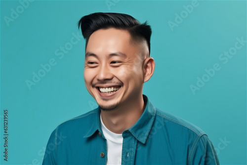 Asian young adult man smiling on a blue background