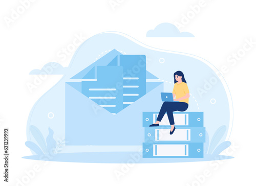 Worker organizing documents and data via laptop concept flat illustration