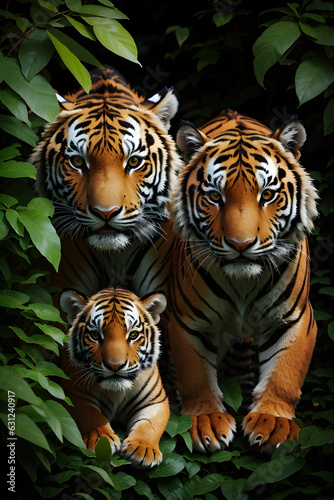 Two tigers and a cub, green leaves in background, isolated black background photo
