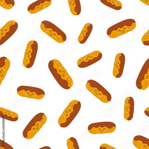 cartoon seamless pattern of chocolate eclair on white