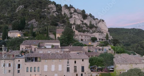 Aerial Drone View Provence France Medieval Town Seguret at Sunset with Vineyards photo