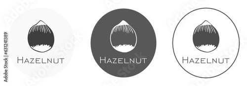 Hazelnut logo set. Vector label in three variants. Black white. Flat nut design in a circle. Emblem illustration isolated on white background. Line and silhouette. For flyer, card, business promote