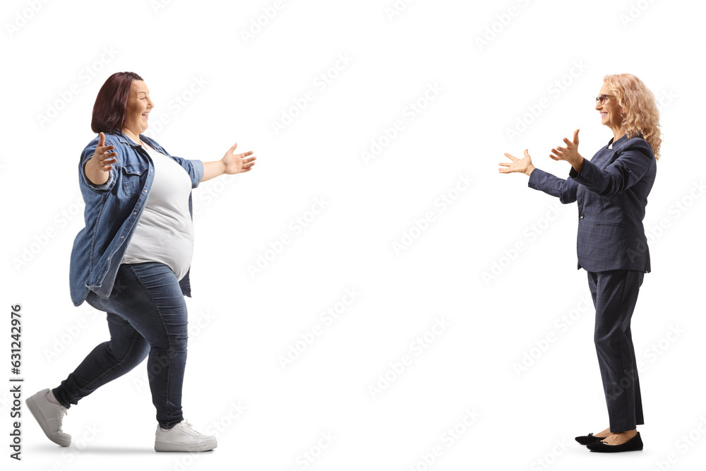 Corpulent casual woman meeting and greeting a mature businesswoman Corpulent casual woman meeting and greeting a mature businesswoman