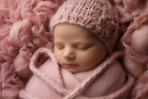 Newborn baby girl on a gray background in a hat with ears. A sweet newborn baby is sleeping.