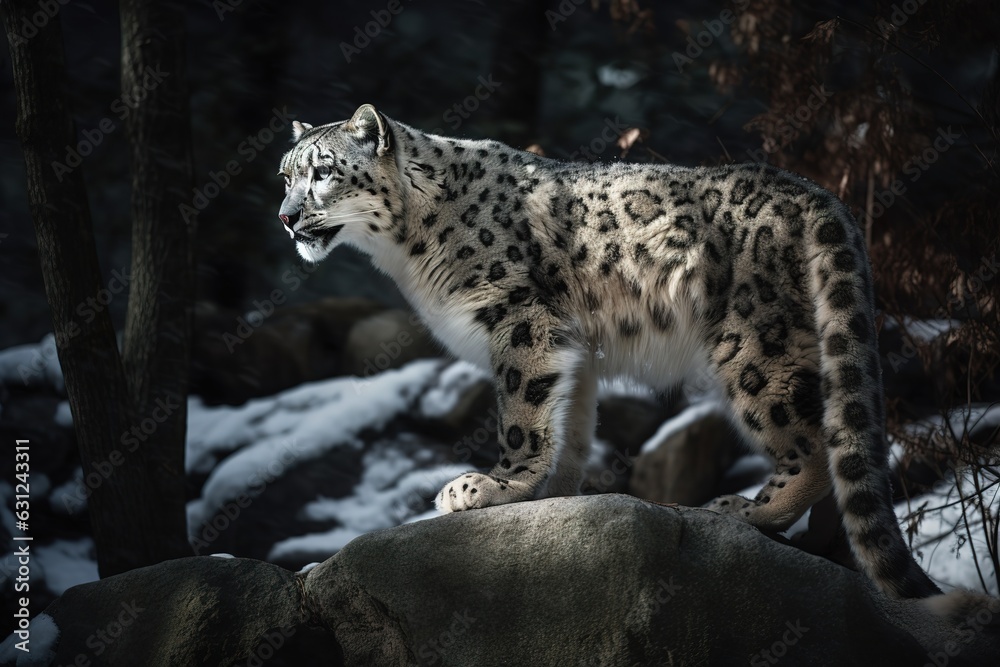 a snow leopard camouflaged amidst the rocky terrain, embodying the elusive and mystical nature of this endangered species. Generative AI a snow leopard camouflaged amidst the rocky terrain, embodying the elusive and mystical nature of this endangered species. Generative AI