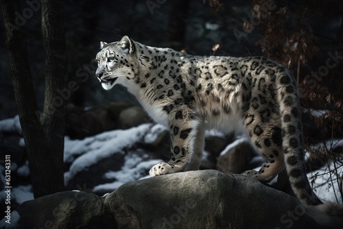 a snow leopard camouflaged amidst the rocky terrain, embodying the elusive and mystical nature of this endangered species. Generative AI