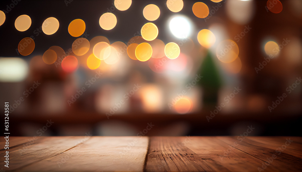 Wooden old table with bokeh lights background. Ready for product display montage,  lights on the wooden background, Ai generated image
