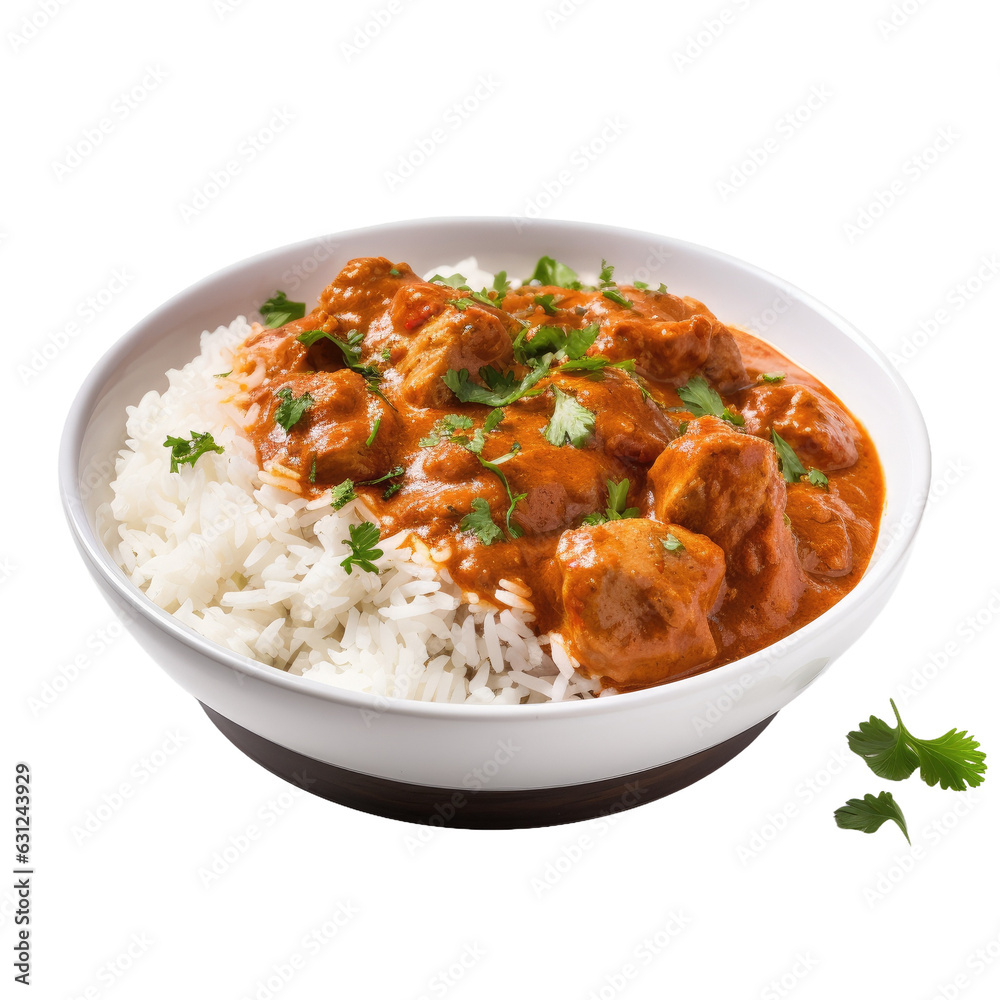 Indian chicken curry with rice isolated on transparent backround